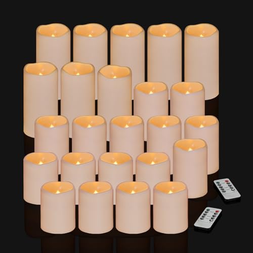 Flameless Candles 4" 5" 6" Outdoor Indoor Pillars Battery Operated Flickering Candles Include 10-Key Remote Timer 400+ Hours by 2 AA Batteries (Ivory Candle - Warm light, 3"D x 4"|5"|6" H - 24 Pack) - color: Ivory Candle - Warm light, size: 3"D x 4"|5"|6"