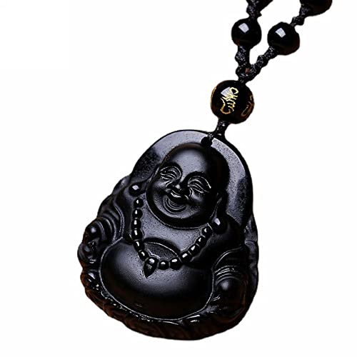 Natural black obsidian rainbow obisidan ice obsidian Maitreya launghing buddha necklace Amulet pendant bead chain - color: black obsidian money buddha