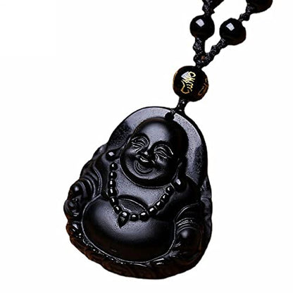 Natural black obsidian rainbow obisidan ice obsidian Maitreya launghing buddha necklace Amulet pendant bead chain - color: black obsidian money buddha