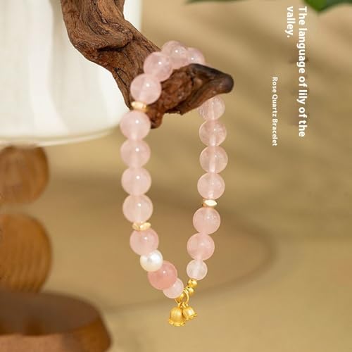 Rose Quartz Bracelet, 8mm Natural Gemstone Love Stone Jewelry Anxiety Relief & Meditation Support Heart Chakra Balance Valentine’s Mother’s Day Gift for Her - color: May bells pink