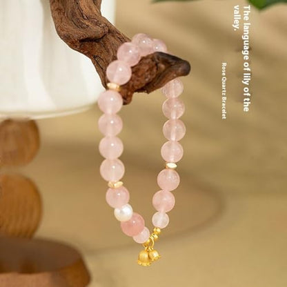 Rose Quartz Bracelet, 8mm Natural Gemstone Love Stone Jewelry Anxiety Relief & Meditation Support Heart Chakra Balance Valentine’s Mother’s Day Gift for Her - color: May bells pink