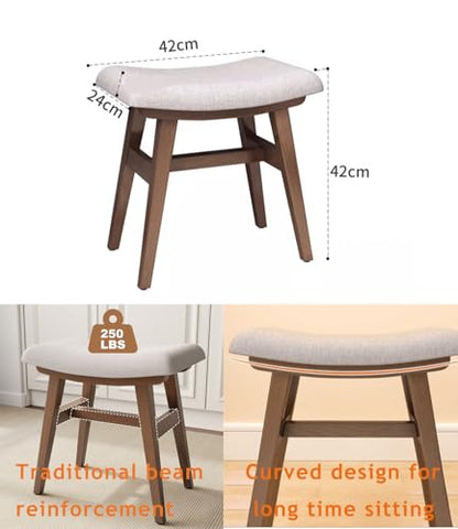 AnywaysWood Wooden Vanity Stool, Makeup Small Bench Seat Solid Wood with Upholstery Saddle Seat Stools Concave Ergonomic Chair Easy to Install for Bedroom Wooden Vanity Chair, Wooden Stool 16" Wide