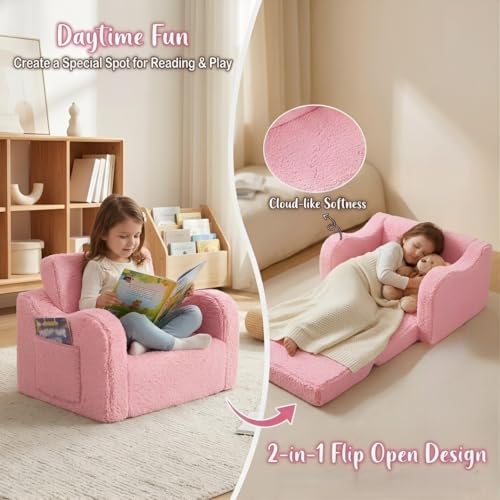 MOMCAYWEX Kids Sofa, 2-in-1 Flip-Out Foam Couch with Soft Sherpa Cover, Cozy Play Lounge Chair, Pink - color: Pink, size: Medium