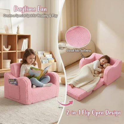 MOMCAYWEX Kids Sofa, 2-in-1 Flip-Out Foam Couch with Soft Sherpa Cover, Cozy Play Lounge Chair, Pink - color: Pink, size: Medium