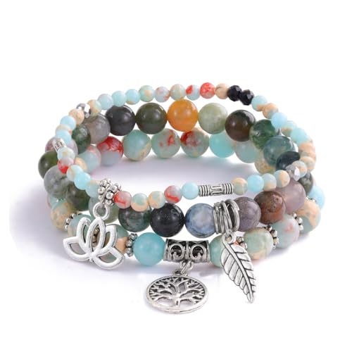 Tree of Life Yoga Healing Stone Bracelets,Multilayer Lotus Chakra Stone Reiki Bracelet Sets,Anxiety Crystal Natural Stone,for Women Stress Relief - style: Shoushan stone + Indian agate