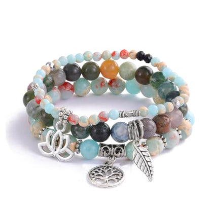 Tree of Life Yoga Healing Stone Bracelets,Multilayer Lotus Chakra Stone Reiki Bracelet Sets,Anxiety Crystal Natural Stone,for Women Stress Relief - style: Shoushan stone + Indian agate