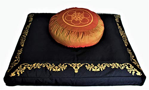 Meditation Cushion Set Round or Crescent Zafu Zabuton - Sacred Symbols - color: Dharma Wheel Saffron on Black Zabuton