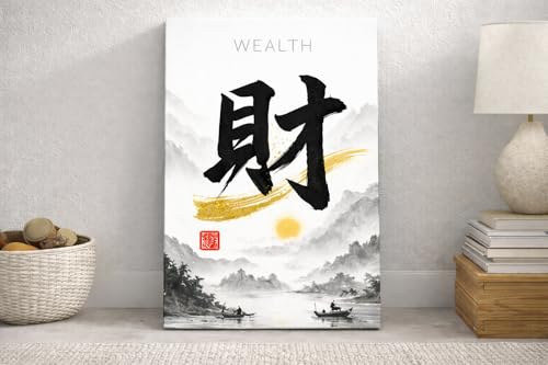 ICE ARMOR Large 24x36 Minimalist Chinese Calligraphy Canvas Wall Art, Black White Zen Decor, Feng Shui Fortune Wealth Painting (WEALTH)