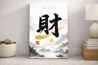 ICE ARMOR Large 24x36 Minimalist Chinese Calligraphy Canvas Wall Art, Black White Zen Decor, Feng Shui Fortune Wealth Painting (WEALTH)