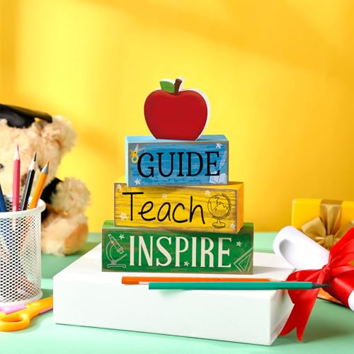 Yuntau 4 Pcs Teacher Appreciation Gift Wooden Apple Table Decoration Guide Teach Inspire Block Sign Apple Tiered Tray Decor Graduation Back to School Teachers Gift for Office Classroom - style: Apple