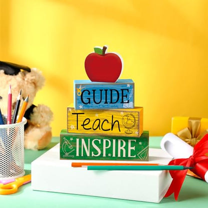 Yuntau 4 Pcs Teacher Appreciation Gift Wooden Apple Table Decoration Guide Teach Inspire Block Sign Apple Tiered Tray Decor Graduation Back to School Teachers Gift for Office Classroom - style: Apple