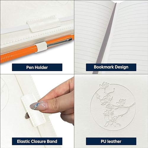 Notebook Journal for Women Men,256 Pages A5 Hardcover Leather Journaling Notebooks for Work,lined journal/notebook with 100Gsm Paper,Pen Holder and inner pocket 5.8"×8.4"(White)