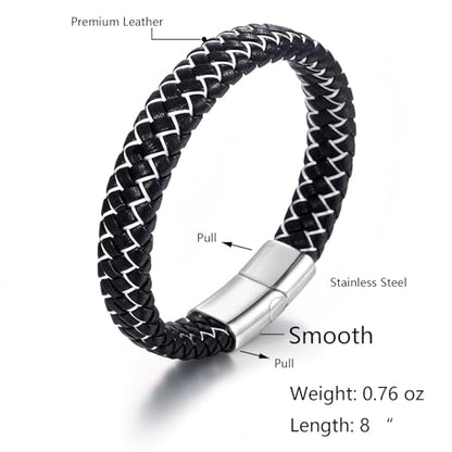 Men's Leather Bracelet, Stackable Stainless Steel Clasp Bracelets for Men Stylish Birthday, Thanksgiving, Valentine's Day Gift for My Man - style: 8" Black and White