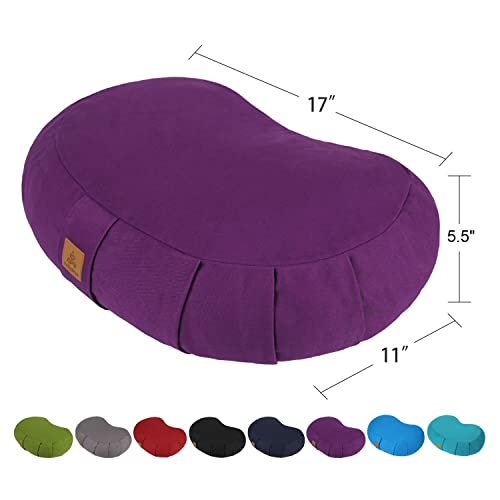 Crescent Zafu Meditation Pillow, D=17" W=11" H=5.5" Zabuton Yoga Bolster, Meditation Cushion, Floor Pouf Yoga Pillow Zippered Organic Cotton Cover Natural Buckwheat kneeling pillow - Large - color: Purple