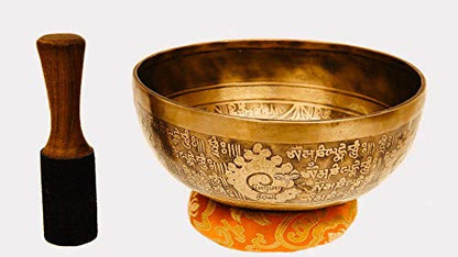 11" Healing Mantra Carved Buddha Tibetan Singing Bowl, Hand Hammered Nepal Yoga Singing Bowls with Cushion & Mallet Striker