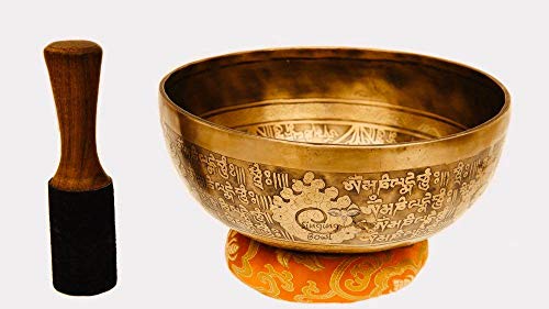 11" Healing Mantra Carved Buddha Tibetan Singing Bowl, Hand Hammered Nepal Yoga Singing Bowls with Cushion & Mallet Striker