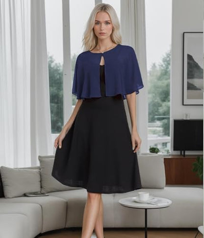 TONGFANTFL Women's Soft Chiffon Capelets Shawls and Wraps for Evening Wedding Cape Bole Cover Up - color: Navy