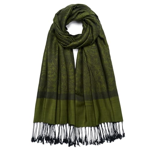 QIUTIMIY Paisley Pashmina Shawl Wrap Women Reversible Vintage Jacquard Pashmina Rave Scarf with Fringe for Evening, Wedding - color: Flower3-dark Green