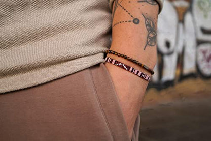 Made by Nami 2 Pcs Boho Surfer Bracelets for Men and Women Waterproof and Adjustable Beach Bracelets for Men and Women Set of 2 Beaded & Braided - color: Tiger-Eye & Ruby Red