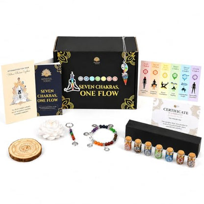 Seven Chakra Healing Kit – Balance & Harmony with Crystals, Essential Oils, Candle, Meditation Shawl, Chakra Jewelry, Affirmations & Guidebook (8th Box) - color: Seven Chakras - One Flow