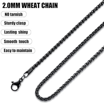 Fiusem Black Wheat Chains for Men and Women, 2/2.5/3/4/5mm Stainless Steel Necklace Chain, Mens Necklace Jewelry Gift 16-28 Inch - size: 16 Inches, style: Black 2MM