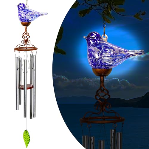 Wind Chimes, Solar Glass Bird Shape, LED, Outdoor Lawn and Patio Glass and Metal Decoration, 7 x 4 x 44 Inches (Dark Blue) - color: Dark Blue