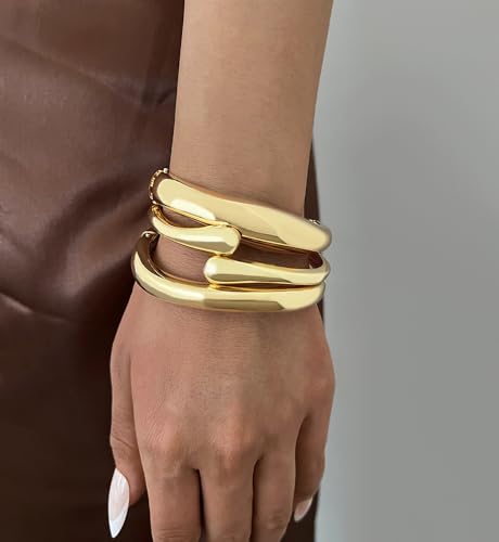 Chunky Gold Bangle Bracelets for Women, Dainty 14k Gold Plated Big Stackable Bangles Set, Trendy Statement Cuff Bracelet Stack Fashion Jewelry Gifts - style: A7-gold