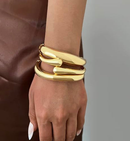 Chunky Gold Bangle Bracelets for Women, Dainty 14k Gold Plated Big Stackable Bangles Set, Trendy Statement Cuff Bracelet Stack Fashion Jewelry Gifts - style: A7-gold