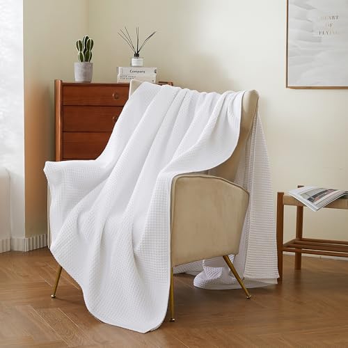 100% Cotton Waffle Blanket (White - Throw Size - 50 * 60''), Pre-Washed and Anti-Shrinkage Soft Lightweight Bed & Couch Blanket, 380 GSM Waffle Weave Throw Blanket for All Seasons - color: White, size: Throw (50"*60")