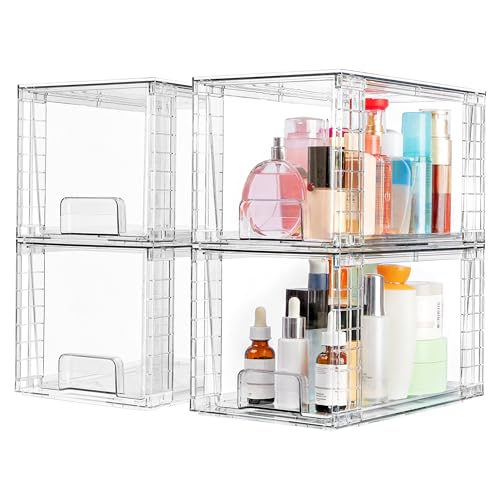 Vtopmart 4 Pack Large Stackable Storage Drawers,Easily Assemble Acrylic Bathroom Closet Undersink Organizers and Storage,Plastic Bins for Kitchen Cabinets,Pantry,Makeup,Medicine Organization - color: Clear( 4 Pack)