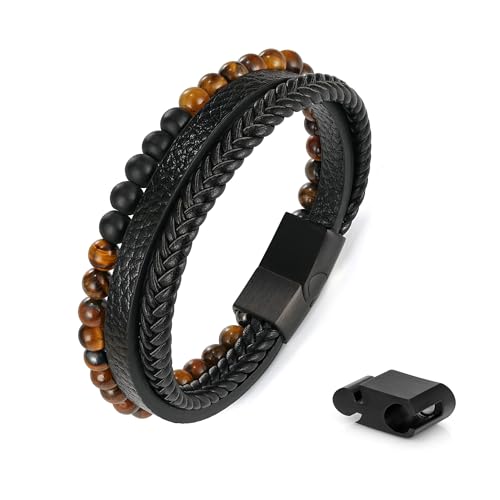 Leather Bead Bracelets for Men, Natural Tiger Eye Lava Rock Stone Bead Magnetic Clasp Adjustable Leather Bracelets Stress Relief Mens Anxiety Bracelet Mens Jewelry Gifts - style: Black Leather-Tiger Eye&Matte Agate