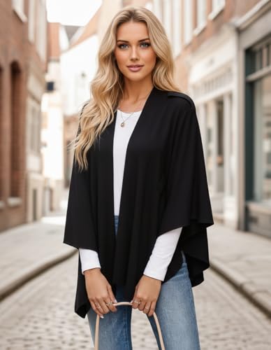 Womens Open Front Poncho Sweater Wrap Topper Knitted Elegant Shawls Cape for Spring Fall Winter - color: Series 1-black