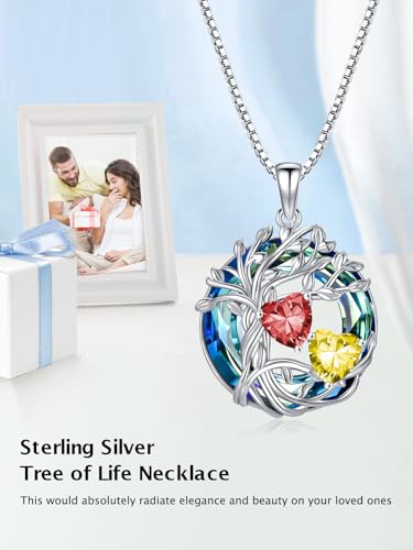 TOUPOP s925 Sterling Silver Family Celtic Tree of Life Pendant Necklaces with 2 Heart Birthstone with Blue Austrian Crystal Jewelry Birthday Valentines Day Gifts for Her, Anniversary Christmas Gifts for Wife Girlfriend Mom (18K Real White Gold Filled) - c