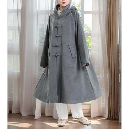 Men Women Meditation Hooded Long Sleeves Coat Double Layer Plush Warm Prayer Robe Button Down Winter Cloak