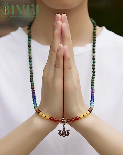 Bivei 7 Chakra 108 Mala Beads Bracelet Real Gemstone Yoga Meditation Hand Knotted Mala Prayer Bead Necklace - size: 6mm, style: Lotus OM - African Turquoise