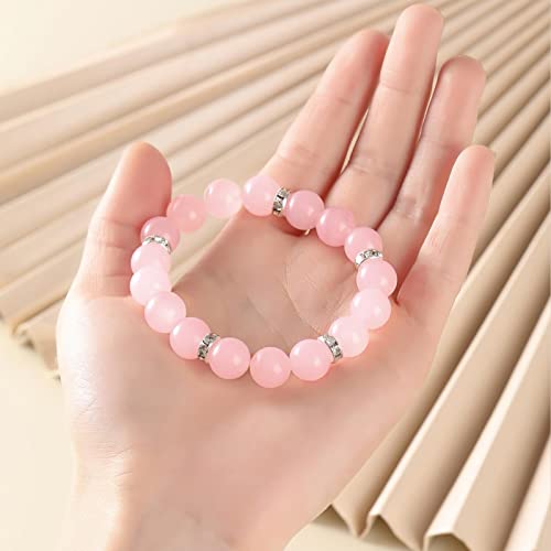 Healing Bracelet For Women Anxiety Crystal Bracelet Chakra Beaded Bracelets Rose Quartz Crystals And Healing Stones Yoga Bead Bracelet Calming Stretch Bracelet Stress Relief Gifts For Women - color: Pink-Chalcedony