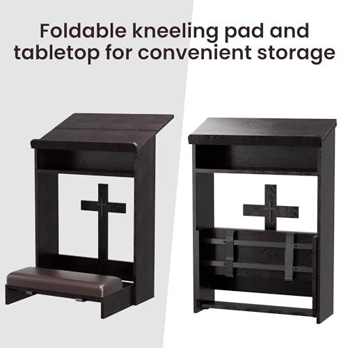 Foldable Prayer Kneeler, Wooden Prayer Bench with Storage Shelf, Cushion Pad, Rounded Corner Bookend and Customizable Cross Decoration, Reinforced Steel Tube Base Design (Dark Brown)