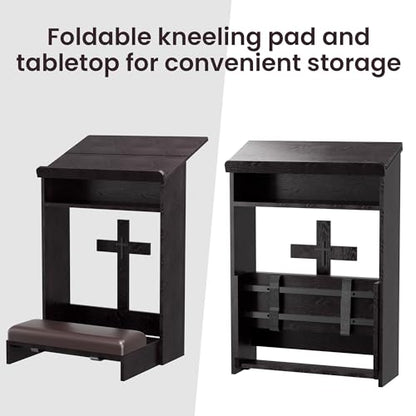 Foldable Prayer Kneeler, Wooden Prayer Bench with Storage Shelf, Cushion Pad, Rounded Corner Bookend and Customizable Cross Decoration, Reinforced Steel Tube Base Design (Dark Brown)