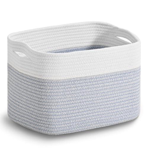 ICERZCZ Woven Cotton Rope Storage Basket for Organizing, Cute Decorative Baskets for Gifts Empty, Organizer Bins for Dog Toy, Baby Laundry, 15“×11”×9.5“, Off White & Blue - color: Off White & Blue, size: 15“(l)×11”(w)×9.5“(h)
