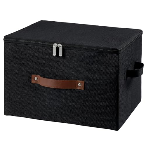 Storage Bins with Zipper Lid Foldable Fabric Lidded Storage Boxes Baskets Cubes Washable Collapsible PU Leather Handle Cotton Linen Fabric Shelf Closet Organizer Container(Black, Large Size) - color: Black, size: Large ( Set of 1 )