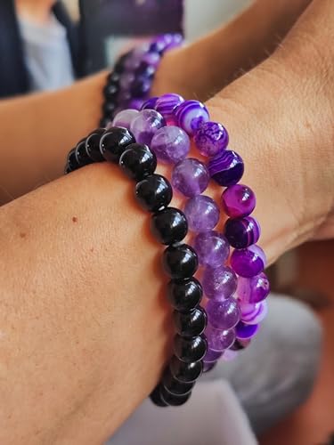 WFJ Black Obsidian Hematite Triple Protection Bracelets Set - Tiger Eye Beaded Natural Stone Bracelet for Men Women Gemstone (10MM) - color: Amethyst Set