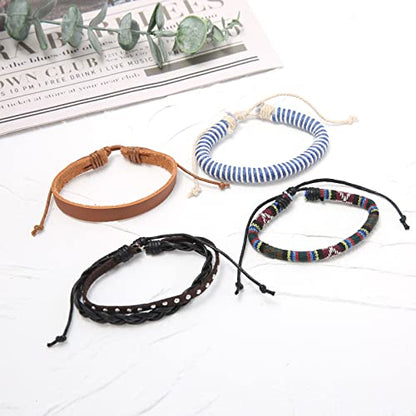 HZMAN Wrap Bracelets Men Women, Hemp Cords Wood Beads Ethnic Tribal Bracelets, Leather Wristbands - style: Blue Hemp Rope