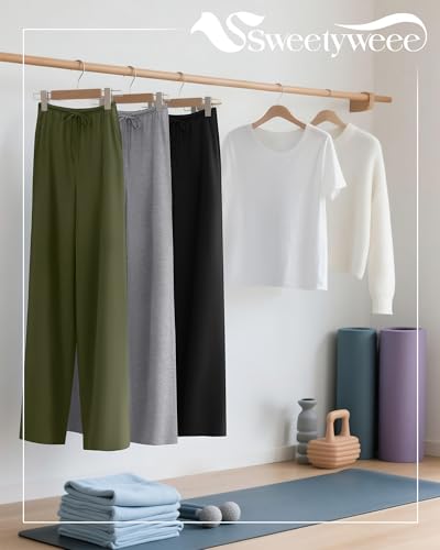 3 Pack Women's Lounge Pants Cozy Wide Leg Yoga Pants Casual Drawstring Loose Baggy Sweatpants with Pockets - color: Black, Light Heather Gray, Army Green, size: Medium