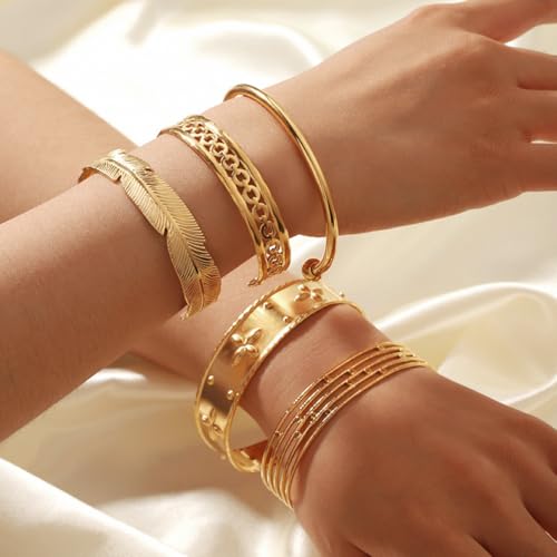 18K Gold Plated Open Cuff Bangle for Women Statement Brushed/Hammered/Textured Bracelet Layering Jewelry Love Gift for Her - style: Hard Oval Chain Bangle