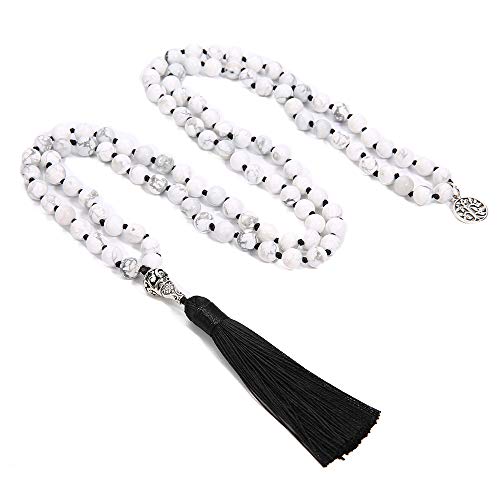 108 Mala Beads Necklace Semi-Precious Gem Stones Meditation Necklace 108 Hand Knotted Japa Mala Beaded Tassel Necklace with Tree of Life Pendant - color: Natural White Howlite（Black Tassel）