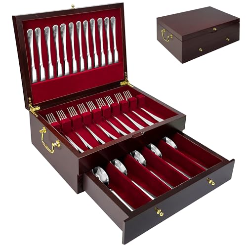 Silverware Storage Box Solid Wood with Lid, 2 Layer Silverware Storage Chest, 15.5'' ×11.5'' Silverware Organizer with Handle and Felt Lined, Chest for Flatware Setting Up 30 - color: Cherry, size: 2 Layer