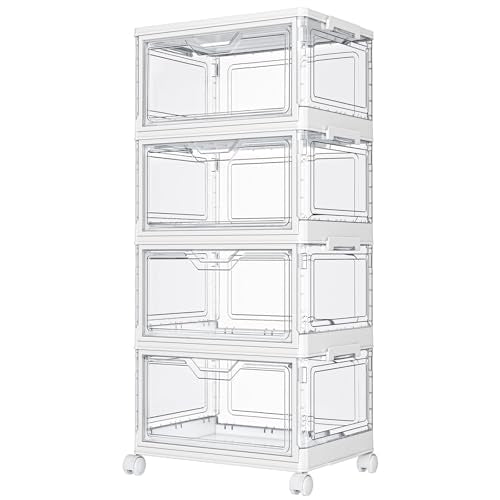 Kmiectse Clear Storage Bins with Lids - 4 Tier Plastic Bins with Wheels, Stackable Storage Bin, Closet Organizers Box for Bedroom, Living Room, 23 QT Folding Box with Magnetic door - size: 23QT-4Pack&1Lid