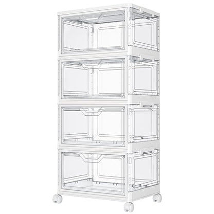 Kmiectse Clear Storage Bins with Lids - 4 Tier Plastic Bins with Wheels, Stackable Storage Bin, Closet Organizers Box for Bedroom, Living Room, 23 QT Folding Box with Magnetic door - size: 23QT-4Pack&1Lid