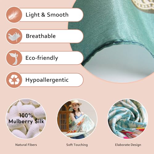 100% Mulberry Extra Large Silk Pashmina Scarf Shawls And Wraps For Women Evening Dress Summer Travel Floral Blanket - color: Light Blue Feather Grace