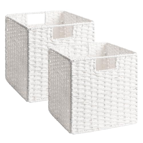 StorageWorks 11 inch Wicker Storage Cubes, Handwoven Cube Storage Bin, Square Cubes Basket, Foldable Paper Rope Basket for Organizing, White, 2 Pack - color: White, size: 11"L x 11"W x 11"H